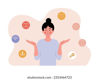 The woman in the blue t-shirt is looking at notifications for chat, video, download communication applications from social media. Character design. Vector flat illustration.
