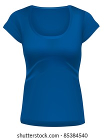 Woman blue t-shirts, Long cut, wide scoop-neck. Design template.