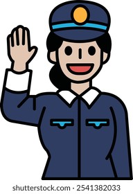 Una mujer con uniforme azul saluda a la cámara. Tiene una sonrisa en la cara y lleva un sombrero de policía