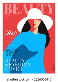 Woman in blue, wearing big hat, isolated, red background. Fashion women magazine cover design. Vector illustration
