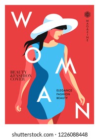 Woman in blue, wearing big hat, isolated, red background. Fashion women magazine cover design. Vector illustration