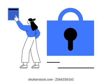 A woman in blue and white holding a calculator stands beside a large blue padlock symbol. Ideal for cybersecurity online protection financial security data encryption technology privacy themes. Flat