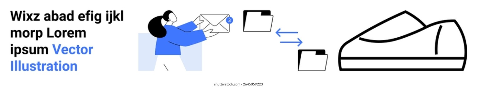 Woman in blue and white outfit holds a mail envelope, arrows point to folders and minimalist shoe. Ideal for communication, mail, organization, workflow, minimalism, business, document exchange