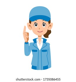 Woman in blue work clothes explaining with her index finger up