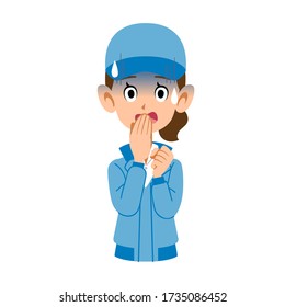 Woman in blue work clothes feeling anxious and impatient