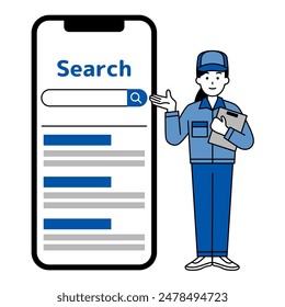 Woman in blue work clothes holding a large smartphone and guiding a search