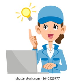 A woman in blue work clothes operating a personal computer that flashes ideas