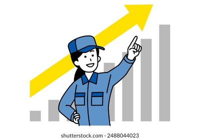 Woman in blue work clothes pointing into the distance and a growing graph