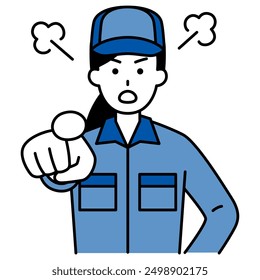 Woman in blue work clothes pointing and getting angry