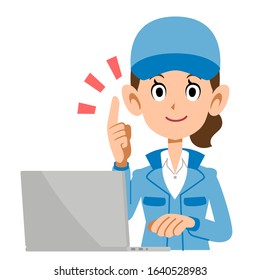 Woman in blue work clothes standing with index finger and operating computer