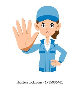 Woman in blue work clothes to stop