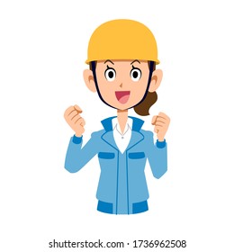 Woman in blue work clothes wearing a helmet