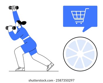 A woman in blue workout attire lifts dumbbells. Beside her, a blue speech bubble contains a shopping cart icon, and below is a circular lemon slice icon. Ideal for fitness, e-commerce, nutrition