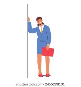 Woman In Blue Workwear Leaning Against A Wall While Holding Red Briefcase. Her Tailored Suit Features A Pointed Collar. Character Exuding Confidence And Happiness. Cartoon People Vector Illustration