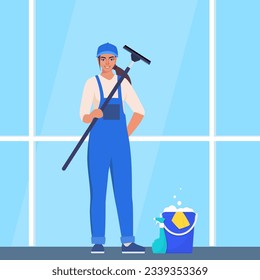 Mujer con ventana de limpieza uniforme azul y amarilla con rascador de vidrio y spray de lavado. Servicio de limpieza, servicio de limpieza de oficinas, servicio de limpieza de primavera. Ilustración del vector