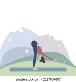 A woman in a blue-brown dress is doing yoga in a standing forward bend with arms outstretched pose or uttanasana. Can be used for poster, banner.
