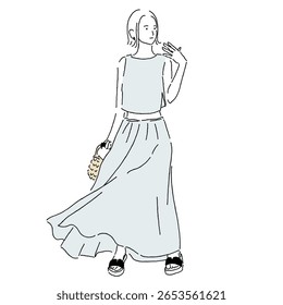 Woman in blue-gray sleeveless set-up outfit with a straw bag – summer fashion illustration