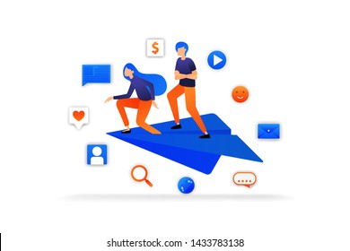 woman boarded a paper airplane to send messages and data from user. communication and social media vector illustration concept for, landing page, web, ui, banner, flyer, poster, template, background