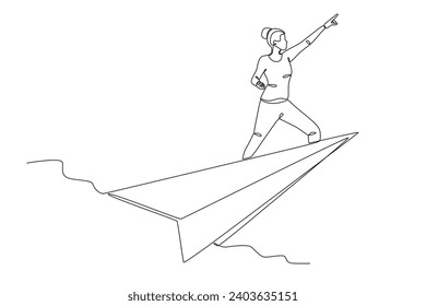 A woman boarded a paper plane. Paper plane one-line drawing