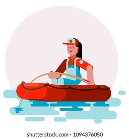 Woman in boat caching a fish