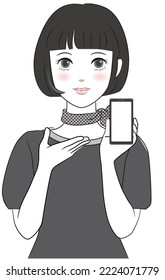 A woman with bob hair pointing at a smartphone