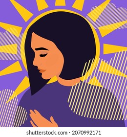 A woman with a bob haircut feels lightness and peace of mind in yellow clouds and radiates the warm light of the sun. The concept of psychological health and pure thoughts. Flat design poster. Vector.