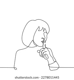 woman with a bob haircut put her index finger to her closed mouth - one line drawing vector. concept of the call of silence, the vow of silence, women's silence