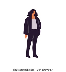 Mujer con corte de pelo bob lleva traje en estilo minimalista. Abstractas en puestos de moda de ropa formal. Personaje elegante en traje elegante. Ilustración vectorial aislada plana sobre fondo blanco