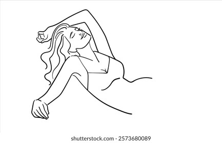 Woman body aestnetic continuous line art drawing isolated on white background. Yoga, fitness, healthy line art. Vector illustration	