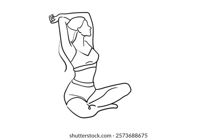 Woman body aestnetic continuous line art drawing isolated on white background. Yoga, fitness, healthy line art. Vector illustration	