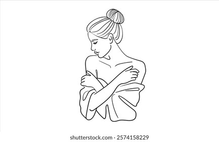 Woman body aestnetic continuous line art drawing isolated on white background. Yoga, fitness, healthy line art. Vector illustration	