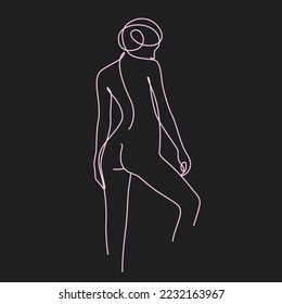 Woman Body Art. Minimalistic Lines Drawing. Black background. Female Figure Continuous One Line Abstract Drawing. Trendy Art Line. Modern Scandinavian Design. Vector Illustration