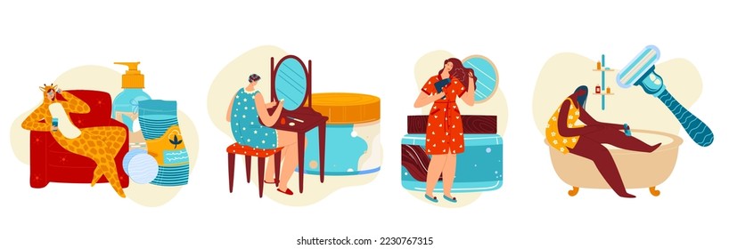 Woman body beauty care vector illustration, girl person character shave legs, blow dry hair with mask, hands skin treatment, manicure with cream.