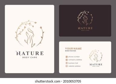 Woman Body Care Logo With Circle Leaf Element And Business Card Design.