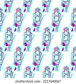 Woman body, continuous line vector fashion illustration, seamless pattern