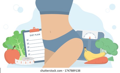 Woman body with diet plan on clipboard, weight scale, measuring tape, fruits and vegetables on background. Healthy lifestyle, weight loss and nutrition consultation concept. Flat vector illustration.