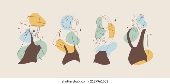 Woman Body In Elegant Line Art. Abstract Line Minimalistic Women Arts Set With Modern Shapes Design. Vector Illustration.