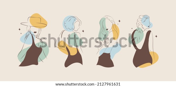 Woman body in elegant line art. Abstract line minimalistic women arts set with modern shapes design. Vector illustration.