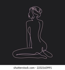 Woman Body Erotica Art Line. Black background. Female Figure Continuous One Line Abstract Drawing. Modern Scandinavian Design. Vector Illustration