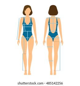 Woman Body Front And Back For Measurement Chart. Scheme Of Measurements Girl For Sewing Clothes, Fitness, Dieting Systems. Flat Design Style. Vector Illustration Of Measuring