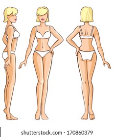 Woman Body - Front, Back And Side View Vector Illustration