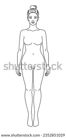 Woman body front view vector illustration. Isolated outline line contour template girl without clothes. Anatomy of healthy female body shapes. Female figure vector human body in linear style.