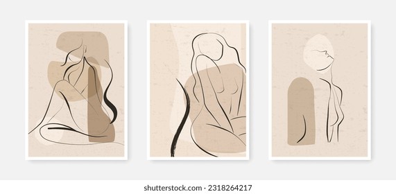 Woman Body Line Art Drawing Prints Set. Abstract Woman One Line Illustrations for Wall Art Decor. Abstract Female Figure Minimalist Modern Drawing. Vector EPS 10 