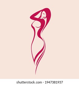Woman body logo.Young female silhouette.Long, wavy hair.Elegant, feminine shape.Beauty and fashion icon isolated on light background.Attractive model.Glamour style figure.