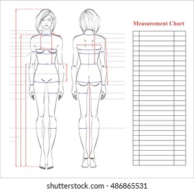 Woman body measurement chart. Scheme for measurement human body for sewing clothes. Female figure: front and back views. Template for dieting, fitness. Vector.

