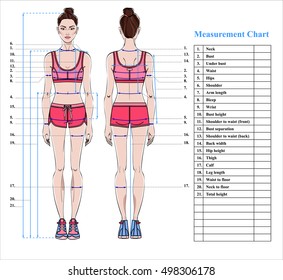 Woman body measurement chart. Scheme for measurement human body for sewing clothes. Female figure: front and back views. Model in sports wear. Template for dieting, fitness. Vector.

