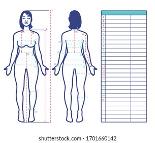 Woman body measurement. Scheme of measurement human body front and back. Table for entries. Vector template for sewing clothes, dieting, fitness. For your design