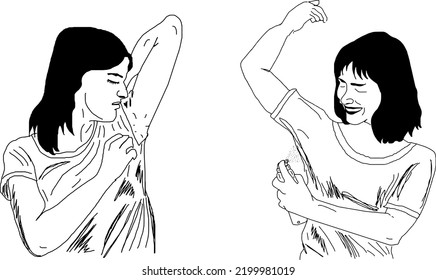 Woman body odor vector, Woman deodorant ad sketch drawing, woman angry with her body odor line art vector illustration, bad body odor cartoon doodle mascot