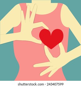 woman body on blue background, who is her hand post to give her red heart 