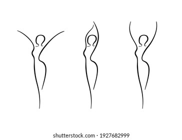 Woman body outline icons set. Various female line silhouettes, model, figure. Abstract image of girl sign for wellness center, sport, dance, beauty salon and spa. Vector isolated illustration